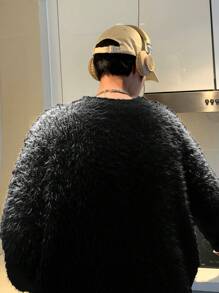 Men Solid Drop Shoulder Oversized Fluffy Sweater - Black - View 2