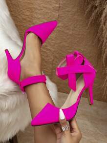 Tocuri înalte pentru femei, la modă, cu vârf ascuțit, de culoare roz strălucitor, cu detaliu cu nod fluture