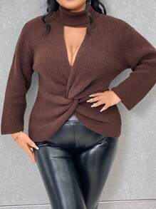 SHEIN Unity Plus Choker Neck Twist Front Sweater Knit Pullover Fall Winter Sweater - Brown - View 1