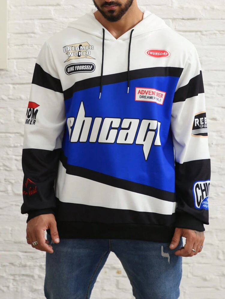 Men Plus Letter Graphic Colorblock Drawstring Hoodie