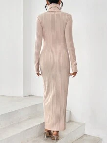 SHEIN Privé Ribbed Knit Bodycon Dress & High Neck Super Crop Top - Apricot - View 2