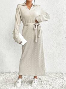 SHEIN Essnce Drop Shoulder Belted Dress - Apricot - View 5