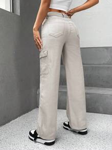 SHEIN PETITE Flap Pocket Side Cargo Jeans - Light Grey - View 2