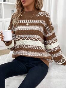 SHEIN Frenchy Jersey con patrón geométrico de cuello alto de hombros caídos - Café integral - Ver 3