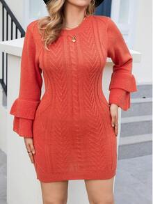 Calvaya 大碼麻花編織荷葉袖毛衣洋裝 - 鏽棕色 - 查看 5