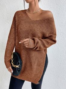 SHEIN Frenchy Drop Shoulder Split Hem Sweater - Mocha Brown - View 7