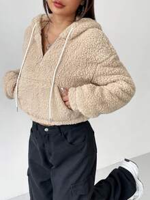 SHEIN EZwear Cartoon Embroidery Drop Shoulder Hoodie - Apricot - View 5