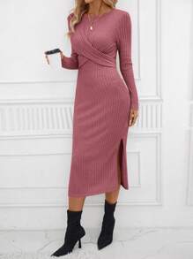 SHEIN Clasi Chất rắn Tách đùi Váy bodycon - Bụi hồng - Xem 4