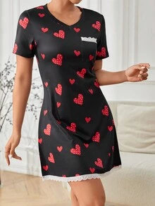 愛心圖案蕾絲邊睡裙