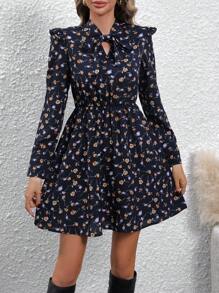 SHEIN LUNE Ditsy Floral Print Tie Neck Ruffle Trim Dress - Royal Blue - View 4