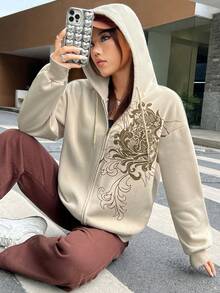 SHEIN EZwear In Đồ họa Dây kéo Thả vai Dây rút Lót nhiệt Hoodie - Màu Khaki - Xem 4