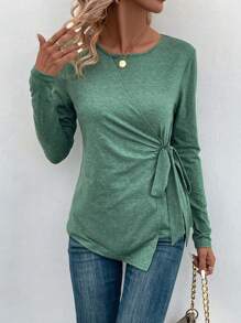 SHEIN LUNE Solides T-shirt Zum Binden An Der Seite - Grün - Übersicht 5