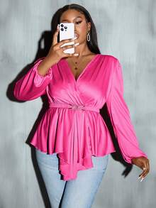 Celure 大碼燈籠袖不對稱下擺襯衫 - 玫紅色 - 查看 3