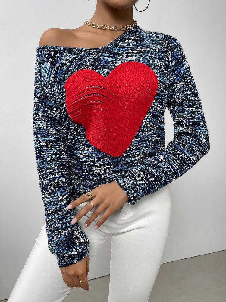 Heart Pattern Space Dye Knit Pullover Fall Winter Sweater