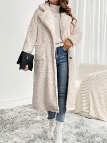 SHEIN LUNE Dual Pocket Drop Shoulder Teddy Coat - Apricot - View 4