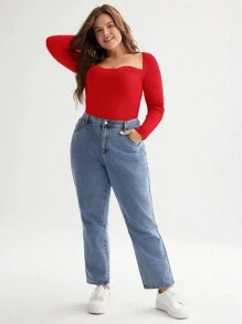 SHEIN BASICS 秋冬新款鸡心领罗纹针织毛衣 - 紅色 - 查看 3