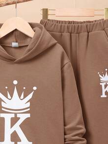 SHEIN 男大童王冠和字母圖案連帽衫和運動褲 - 咖啡棕 - 查看 4