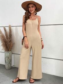 SHEIN VCAY Chất rắn Túi nghiêng Bộ áo liền quần Cami - Màu Khaki - Xem 4