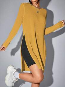 SHEIN EZwear 素色高衩長款T恤 - 黃色 - 查看 4