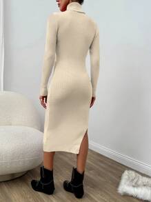 EURMUSE Turtleneck Split Thigh Sweater Dress Without Belt - Apricot - View 3