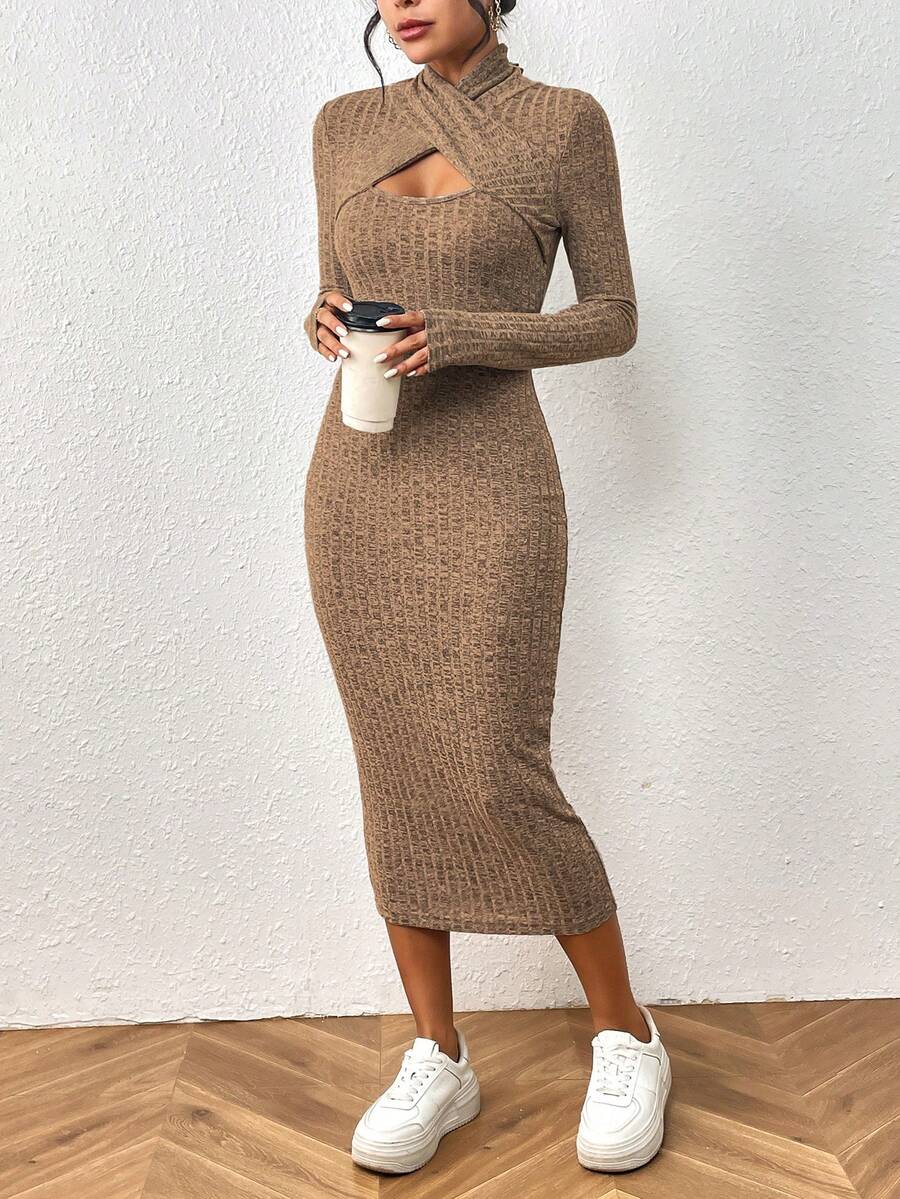 SHEIN Unity Criss Cross Cut Out Front Bodycon Dress - Khaki - View 1