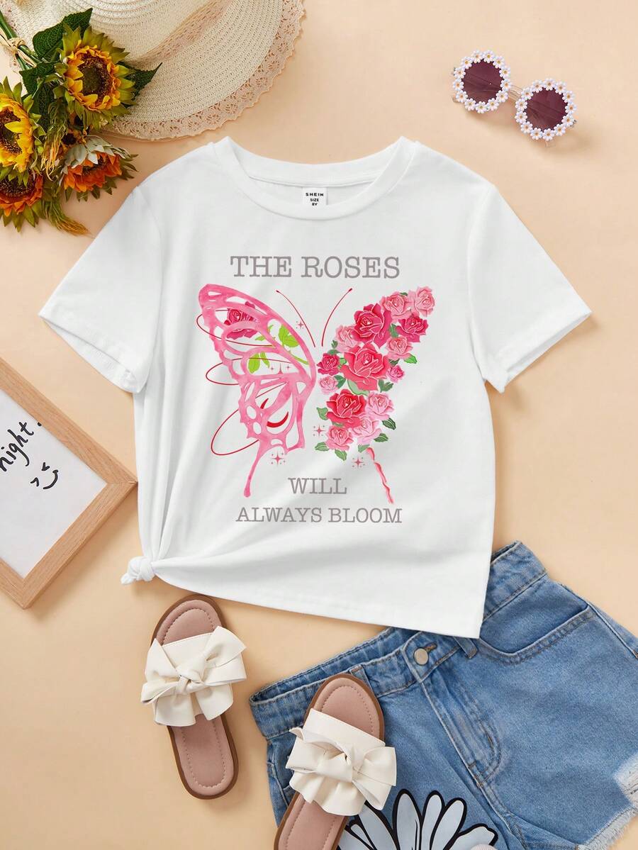 女大童花和標語圖案T恤 - 白色 - 查看 1