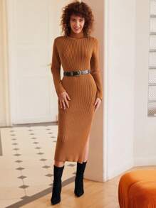 SHEIN Frenchy Vestido Suéter De Punto Acanalado Dividido Con Cuello Alto De Color Liso