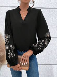 SHEIN Áo cánh tay đèn lồng cổ khoét thêu hoa, Áo cánh nữ tay dài cổ chữ V dáng thường, tay giám mục màu đen, áo cánh nữ, mùa xuân/thu, trang phục thường ngày - màu đen - Xem 6