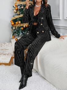 SHEIN Privé In sọc Đôi ngực Blazer & quần - màu đen - Xem 2