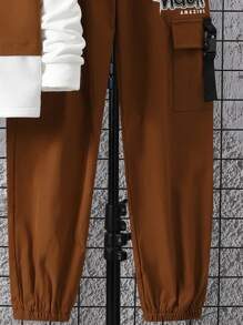 Tween Boy Letter Graphic Two Tone Sweatshirt & Flap Pocket Pants - Brown - View 4