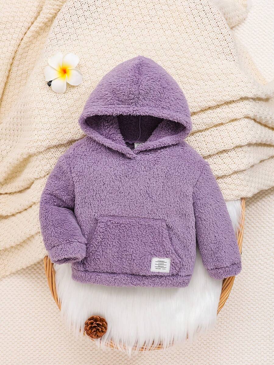 SHEIN 女婴字母贴布袋鼠口袋毛绒卫衣 - 淡紫色 - 查看 1