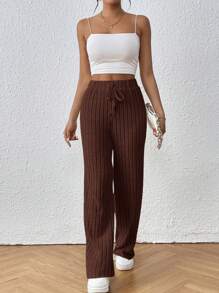 SHEIN Frenchy Pantalones de cintura con nudo tejido de canalé - Marrón - Ver 4