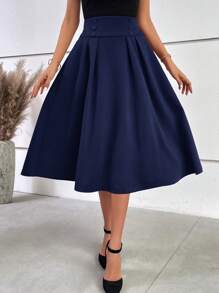 Ellevyn Button Detail Fold Pleated Detail Flare Skirt - Navy Blue - View 6