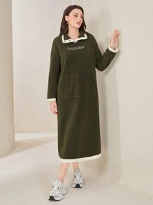 Mulvari Women's Drop Shoulder Letter Embroidery Dress - Army Green - View 4