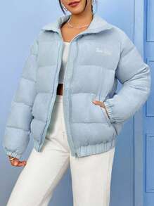 Muchica Áo khoác độn thêu chữ có khóa kéo - Màu xanh bụi bặm - Xem 1