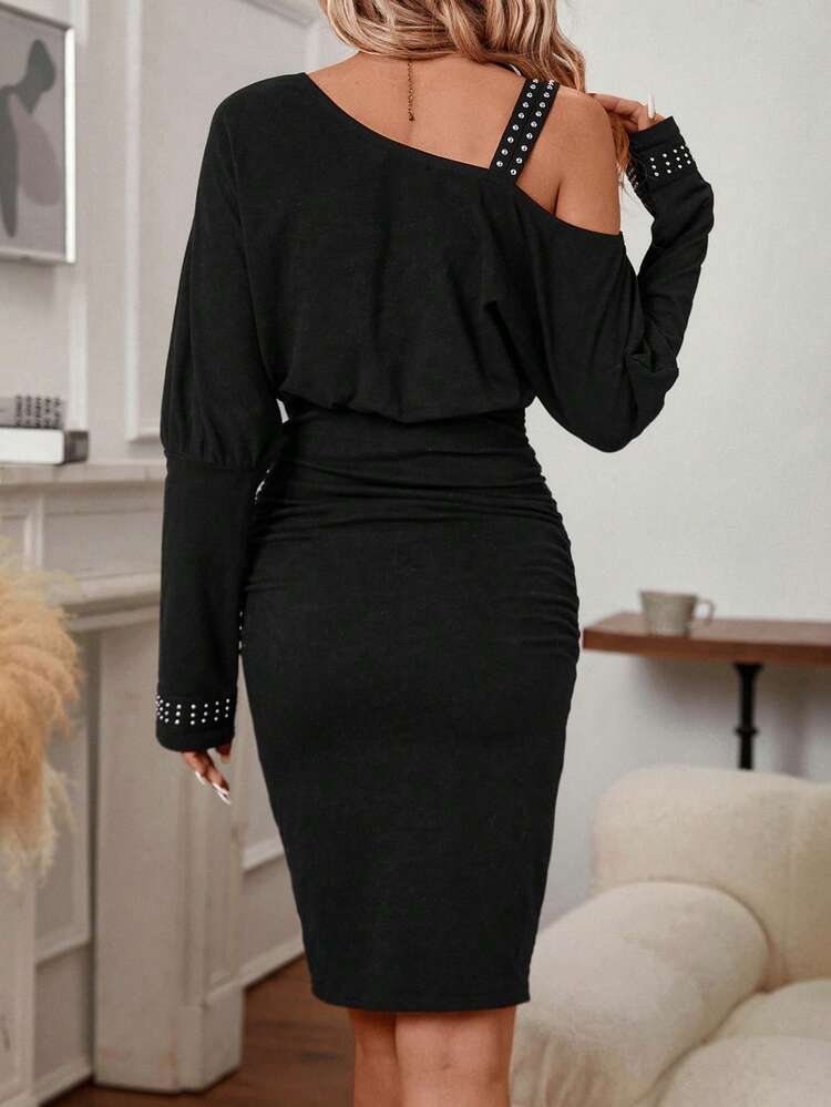 Beaded Asymmetrical Neck Batwing Sleeve Ruched Bodycon Dress