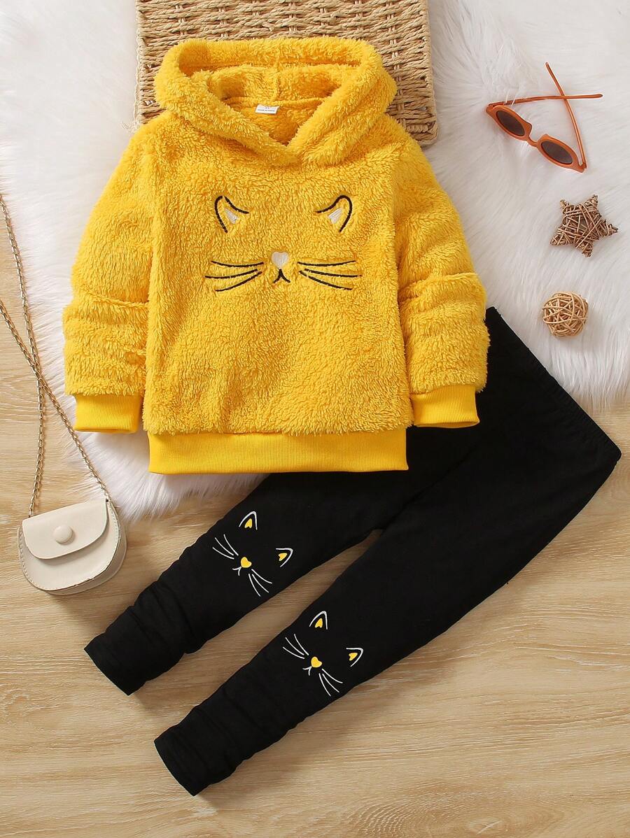 SHEIN 女小童卡通刺繡毛絨帽衫&緊身打底褲