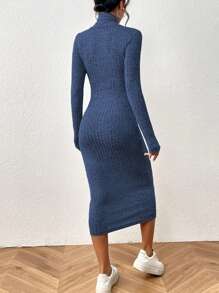 SHEIN Unity 纯色长袖插肩修身镂空前中长连衣裙 - 藍色 - 查看 2