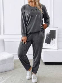 SHEIN LUNE Plus Slogan Graphic Sweatshirt & Sweatpants - Black - View 1