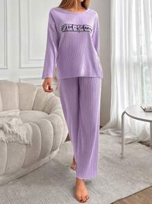 RueChic Letter Graphic Drop Shoulder Tee & Pants Lounge Set - Mauve Purple - View 4