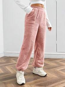 SHEIN EZwear 粉紅色毛茸茸女士長褲 - 粉色 - 查看 4