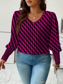 Celure Plus Allover Print Lantern Sleeve Blouse - Multicolor - View 4