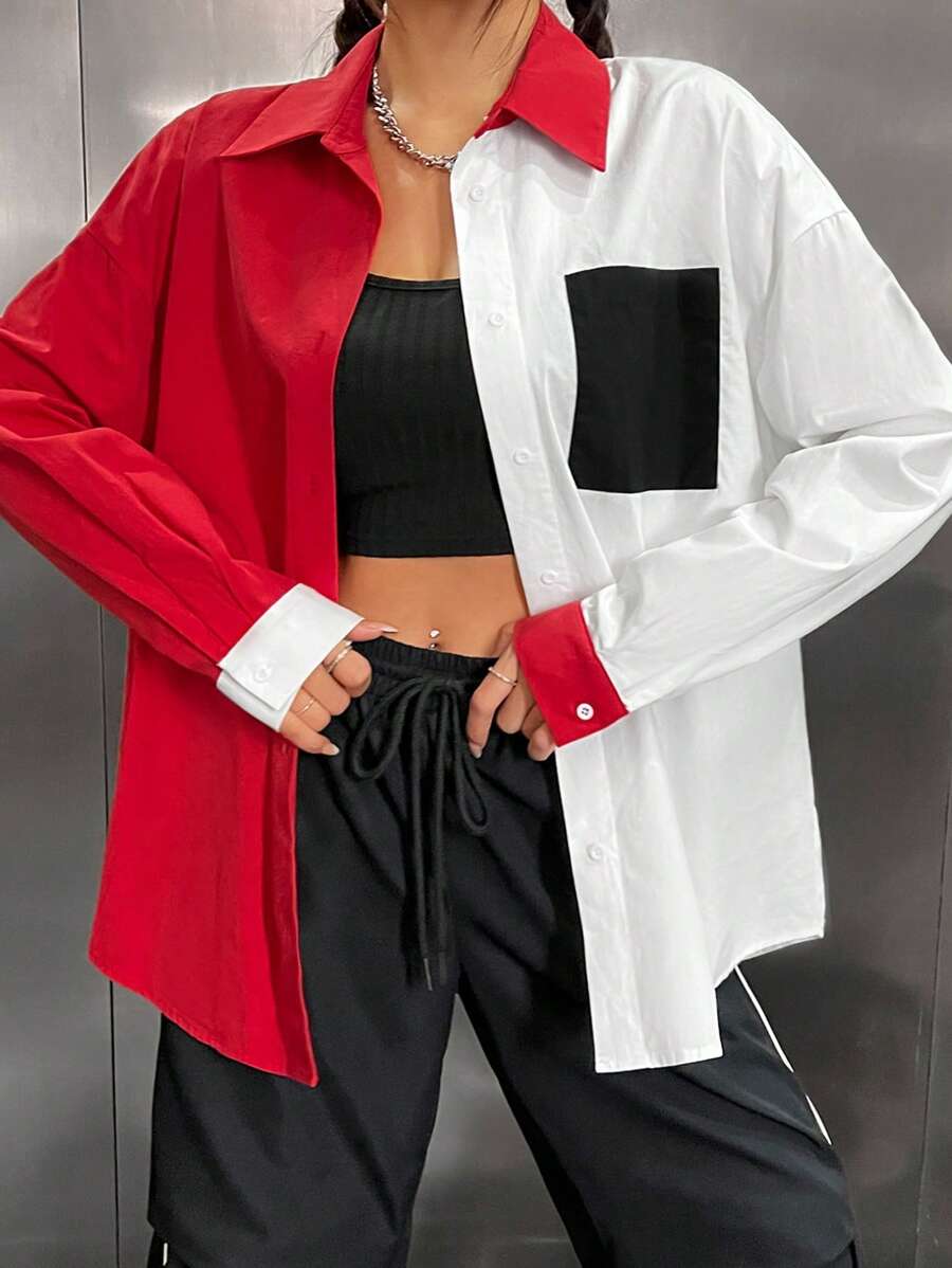 SHEIN EZwear 雙色落肩袖補丁貼口袋襯衫 - 彩色 - 查看 1