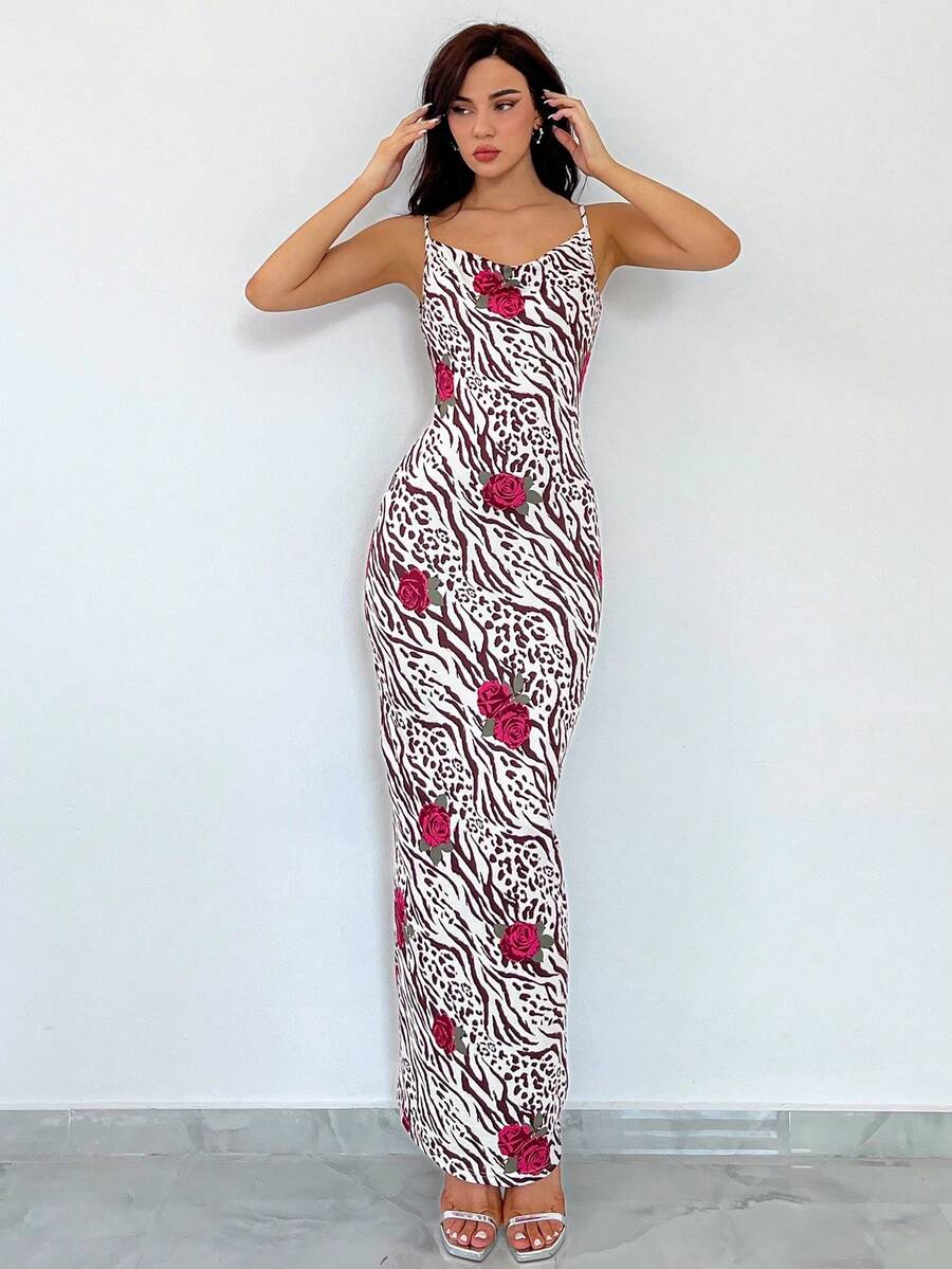 SHEIN Privé Floral Print Cami Bodycon Dress - Multicolor - View 1