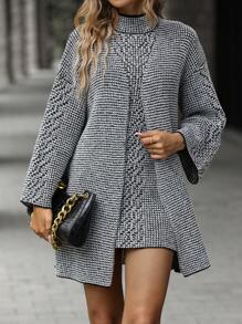 SHEIN Clasi Mock Neck Sweater Dress & Drop Shoulder Cardigan - Grey - View 6