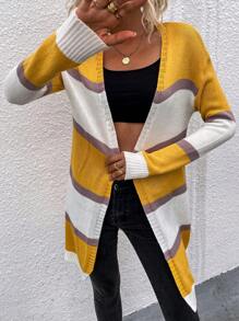 SHEIN LUNE Colorblock Drop Shoulder Cardigan - Yellow - View 4