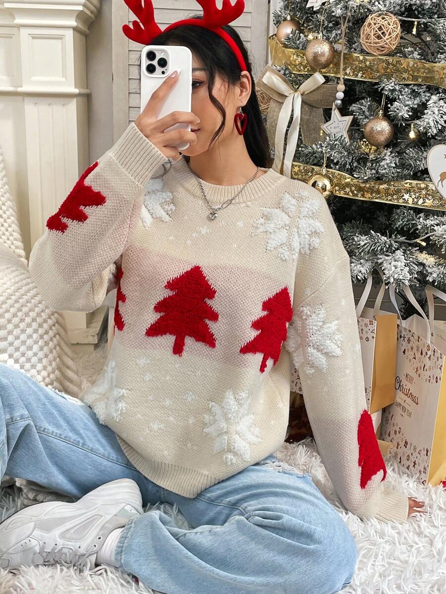 SHEIN Unity Christmas Tree & Snowflake Pattern Drop Shoulder Knit Pullover Fall Winter Sweater - Beige - View 1
