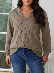 SHEIN Frenchy Plus Pointelle Knit Sweater - Khaki - View 1