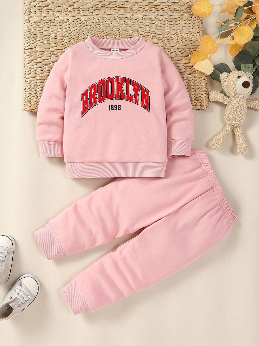Baby Girl Letter Graphic Sweatshirt & Sweatpants - Pink - View 1