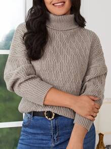 SHEIN Frenchy Hơn Áo cao cổ Thả vai Áo len - Màu Khaki - Xem 8